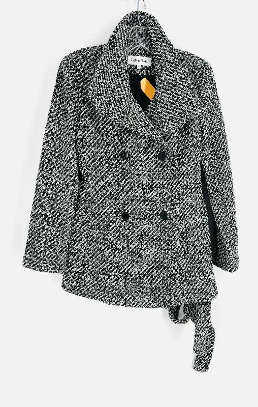 Calvin Klein Size 4P Black/White Double Breasted Tweed Belted Coats Coat