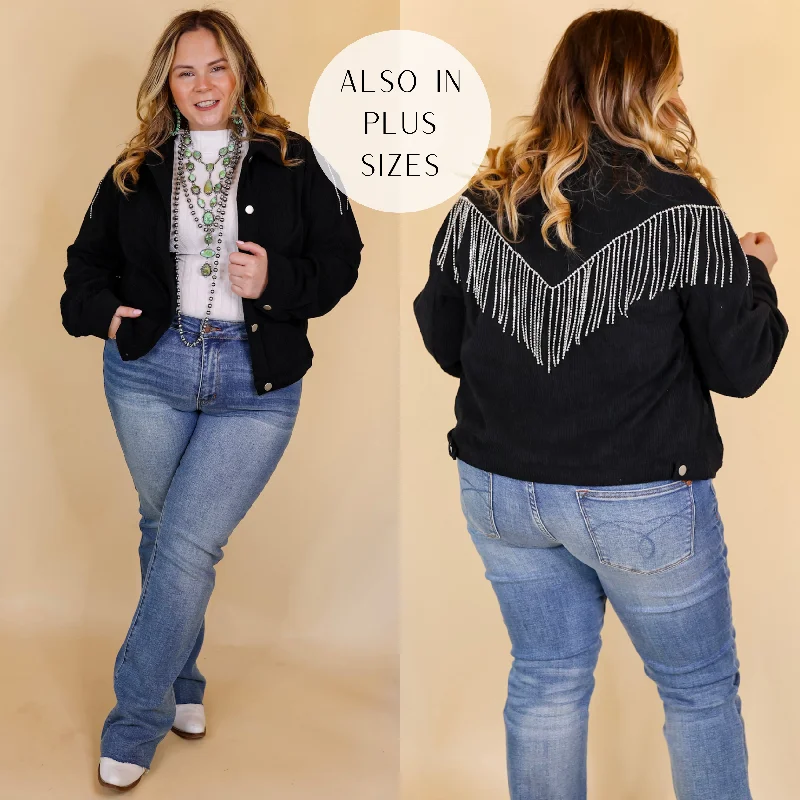 Signature Moves Button Up Corduroy Jacket with Crystal Fringe Back in Black