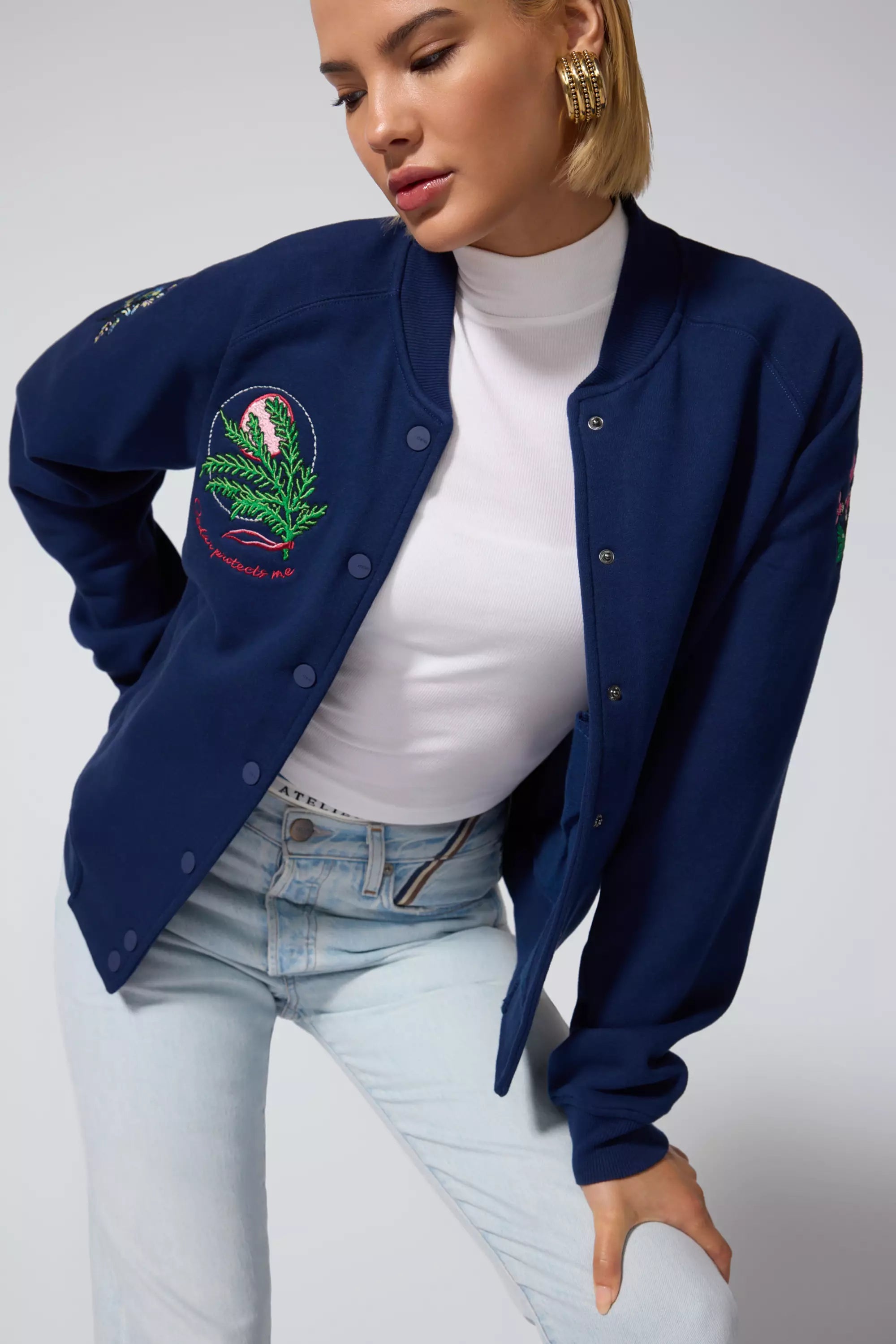 Comfort Fleece Embroidered Bomber Jacket - Navy