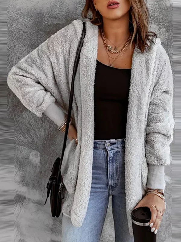 Open Front Hooded Faux Fur Cardigan with Pockets