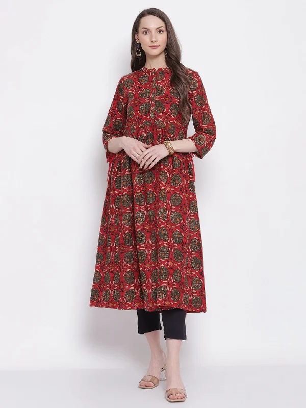 Women's Casual Band Collar Red All over Printed   Calf length Kurti