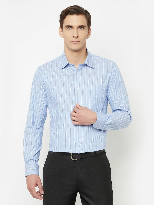 Men's Sky Blue Formal Narrow Stripe Full Sleeve Shirt