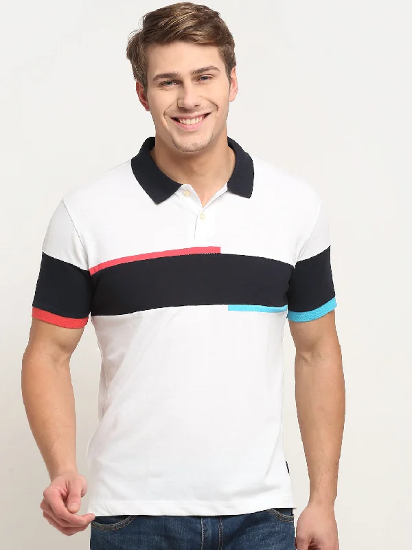 Men's White Stripe Polo neck Half Sleeve T-Shirt