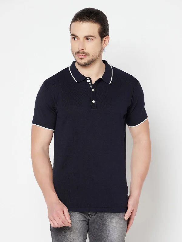 Men's Navy Blue Polo neck Half Sleeve Flatknit T-Shirt