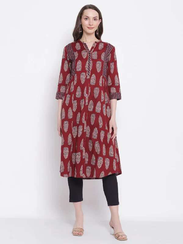 Women's Casual Band Collar Maroon All over Printed   Knee length Kurti