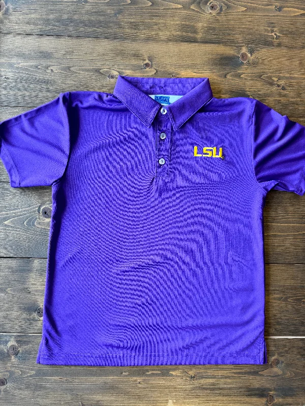 LSU Tigers Embroidered Solid Purple Short Sleeve Youth Polo Box Shirt - Youth