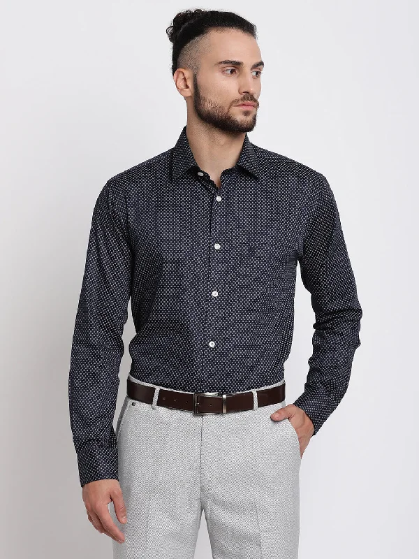 Men's Navy Blue Casual Dot Print Full Sleeve Shirt