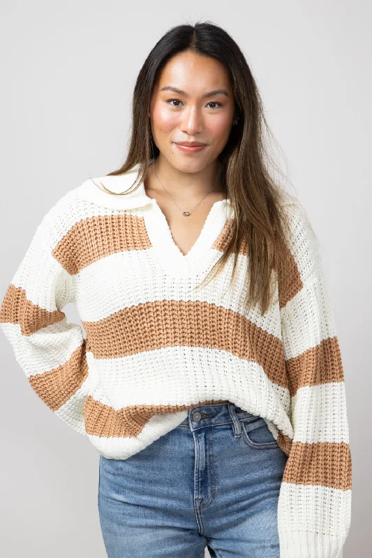 Elan Striped Johnny Collar Sweater for Women in Camel/White | SWS11276-CAMWHT