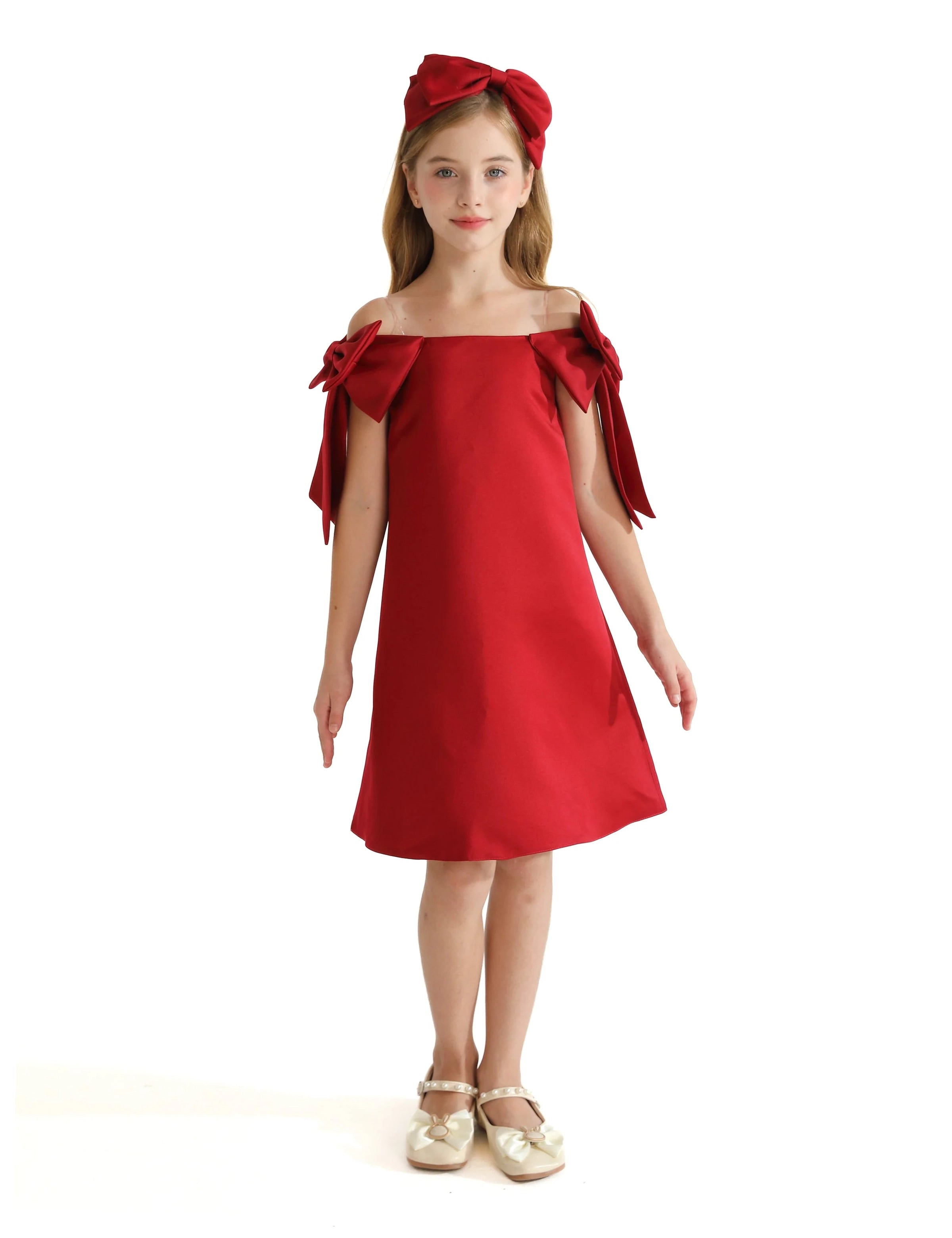 Red Luneta Off Shoulder Bow Dress