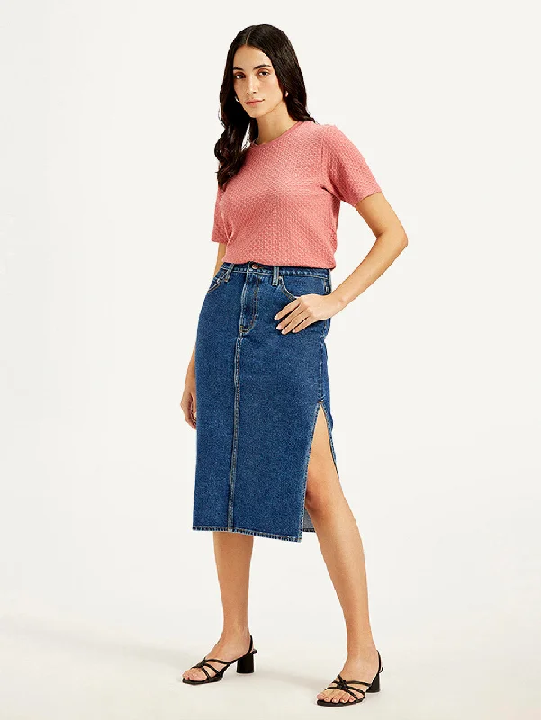 Women's High Rise Blue Straight Fit Skirt