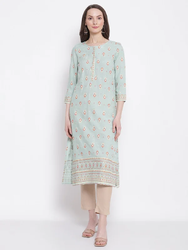 Women's Casual Round Neck Aqua All Over Printed with Border Calf Length Kurti