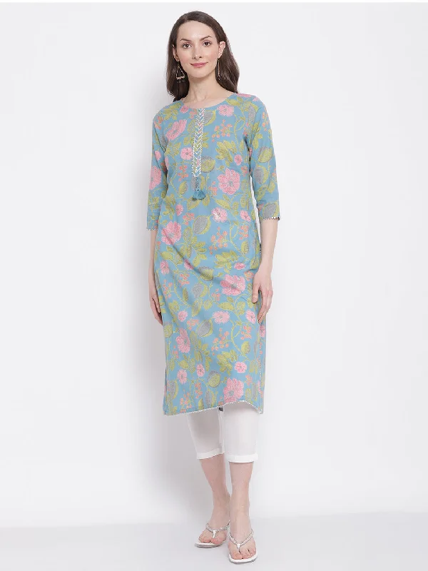 Women's Casual Round neck Aqua All over Printed   Knee length Kurti