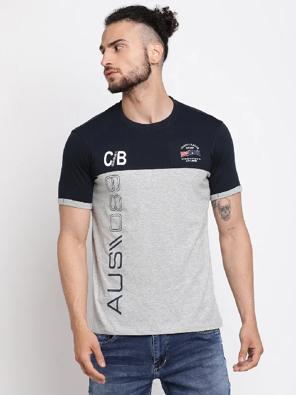 Men's Navy Blue Round neck Half Sleeve T-Shirt with Print