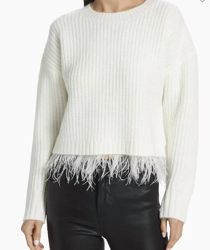 Feather Trim Ribbed Knit Sweater In Winter White