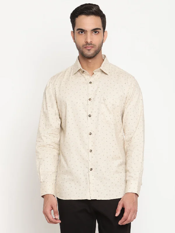 Men's Light Beige Casual Ditsy Print Full Sleeve Shirt