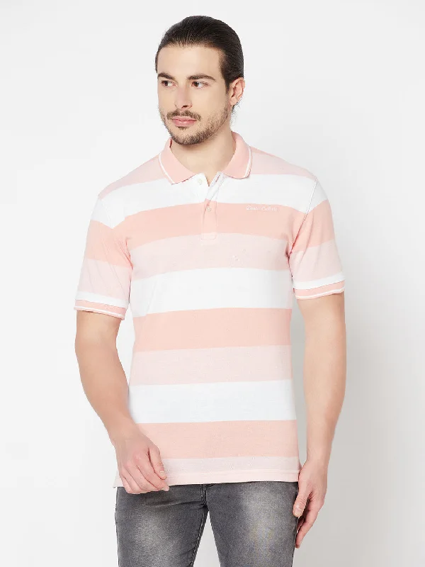 Men's Light Pink Stripe Polo neck Half Sleeve T-Shirt