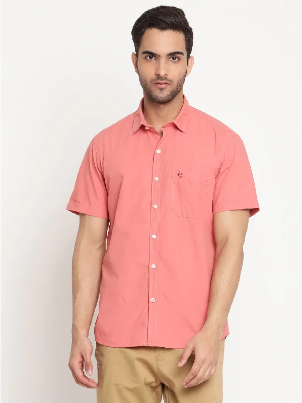 Men's Brick Red Casual Plain Half Sleeve Shirt