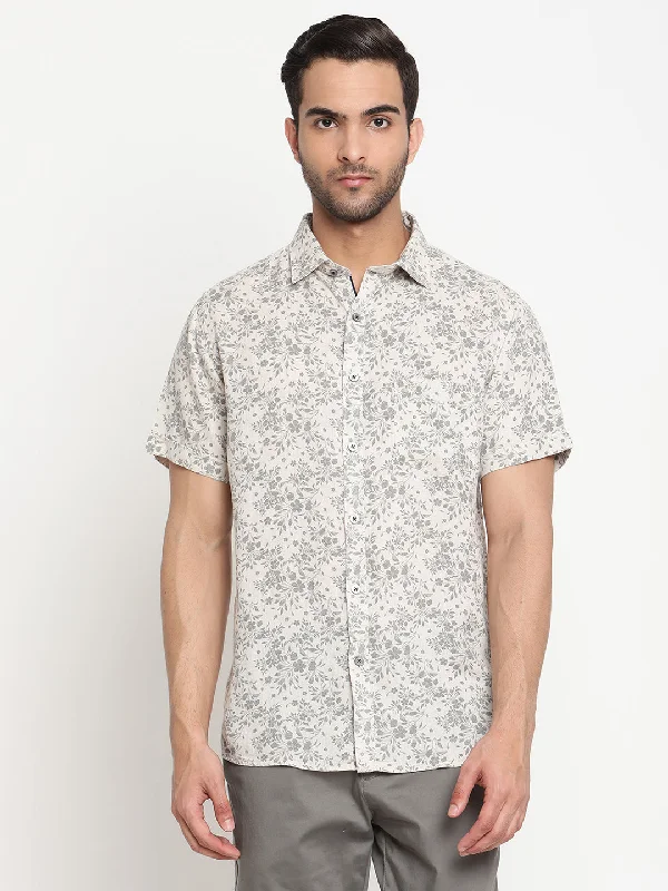 Men's Ecru Casual Floral Print Half Sleeve Shirt