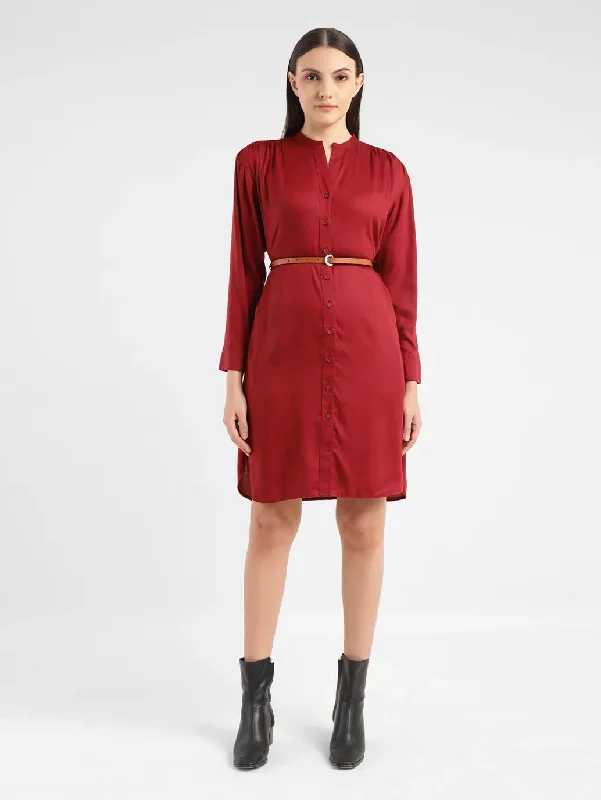 Women's Solid Red Band Neck Dress