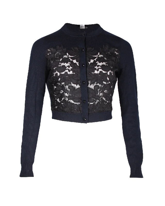 Diane Von Furstenberg Lace Pattern Crew Neck Cardigan in Navy Blue Wool