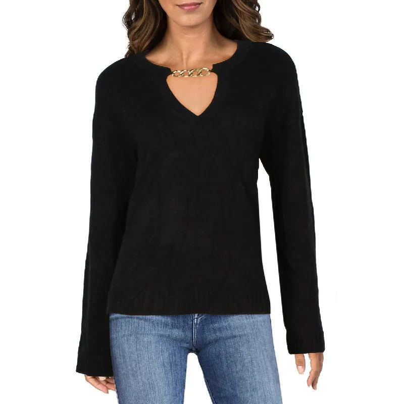 Womens Keyhole Neck Chain Pullover Sweater