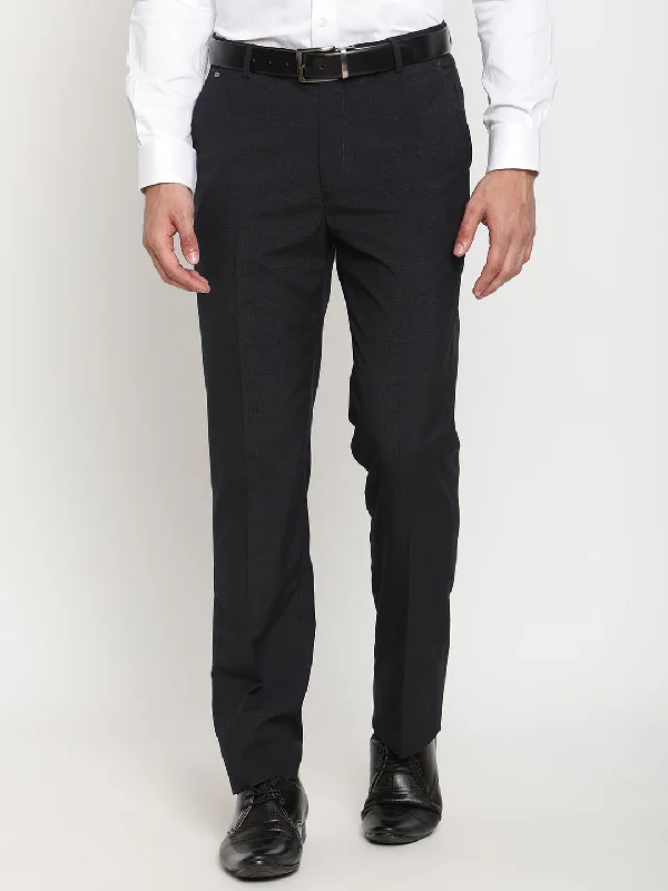 Men's Formal Flat front Navy Blue Checks Trousers