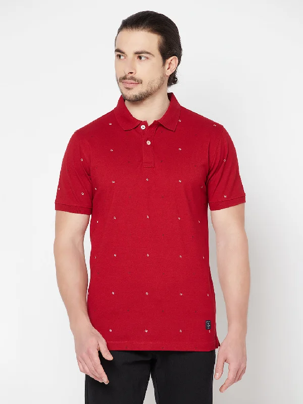 Men's Red All over print Polo neck Half Sleeve T-Shirt