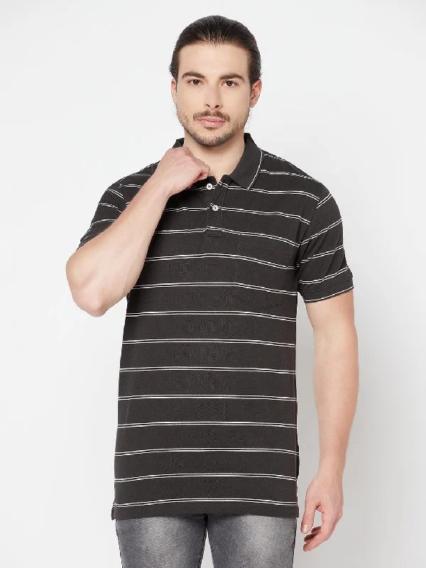 Men's Olive Green Stripe Polo neck Half Sleeve T-Shirt