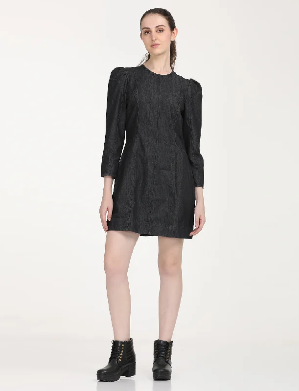 Women's Solid Black Round Neck Dress