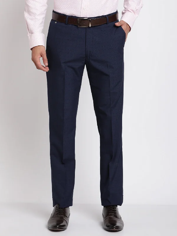 Men's Formal Flat front Navy Blue Checks Trousers