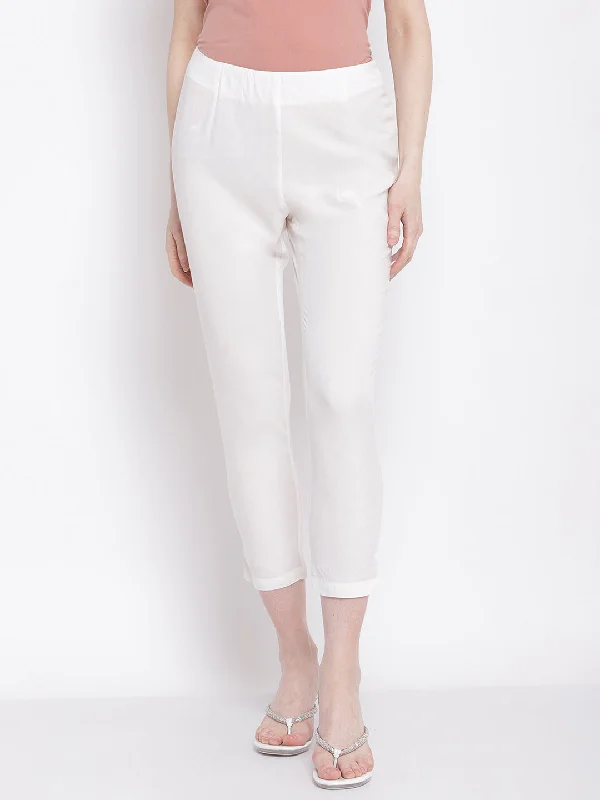 Women's Regular Slim Fit Offwhite Flat Front Mid rise Ethnic Pant