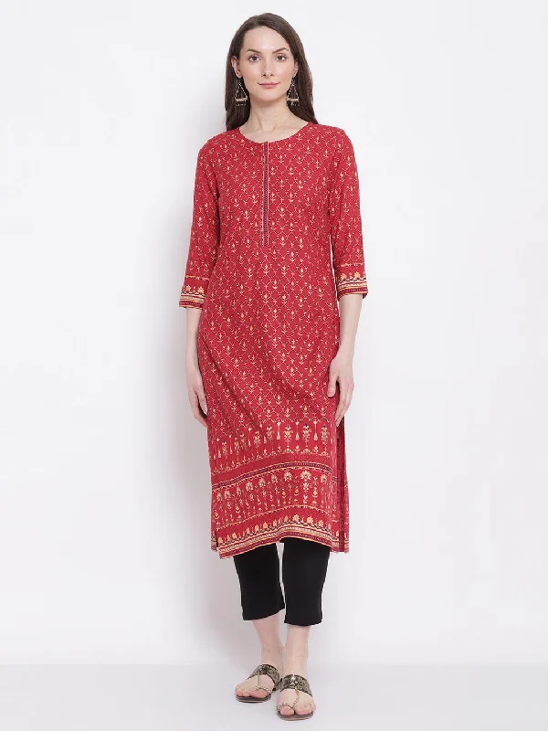 Women's Casual Round neck Maroon All Over Printed with border Calf length Kurti