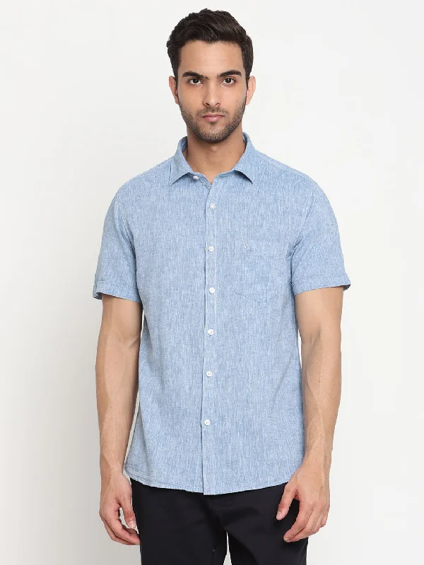 Men's Blue Casual Plain Half Sleeve Shirt