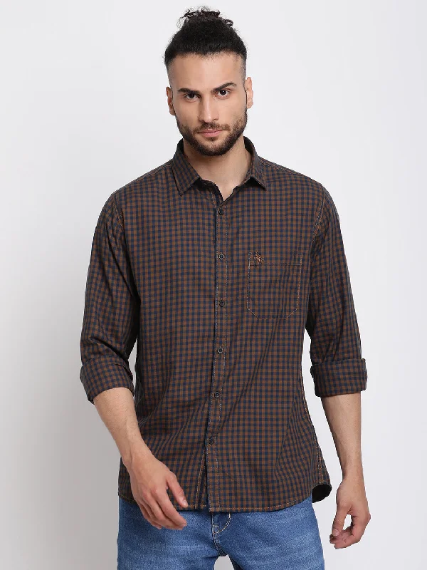 Men's Mustard Casual Small Checks Full Sleeve Shirt