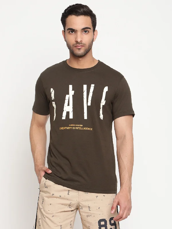 Men's Olive Green Round neck Half Sleeve T-Shirt with Print