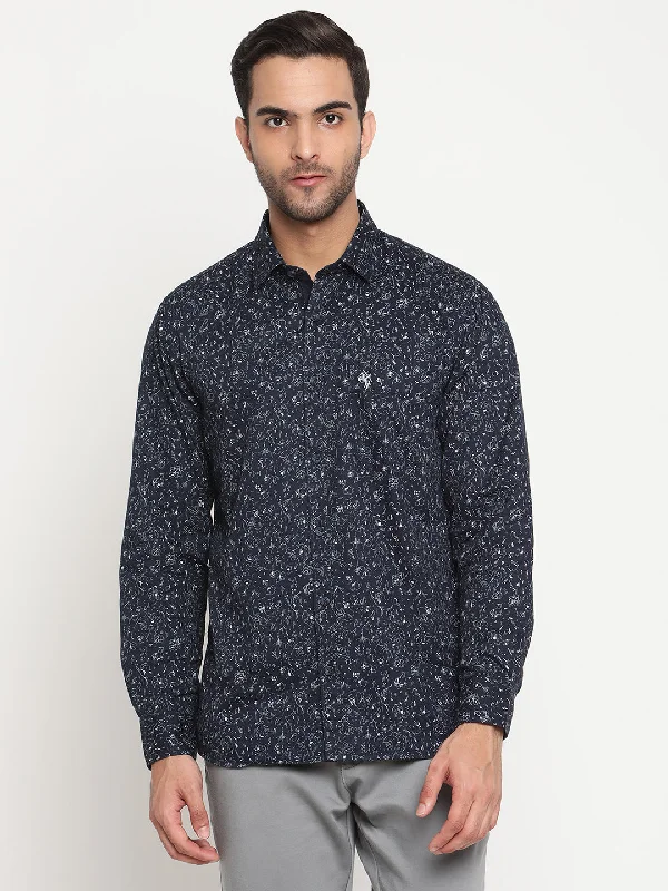 Men's Navy Blue Casual Abstract Print Full Sleeve Shirt