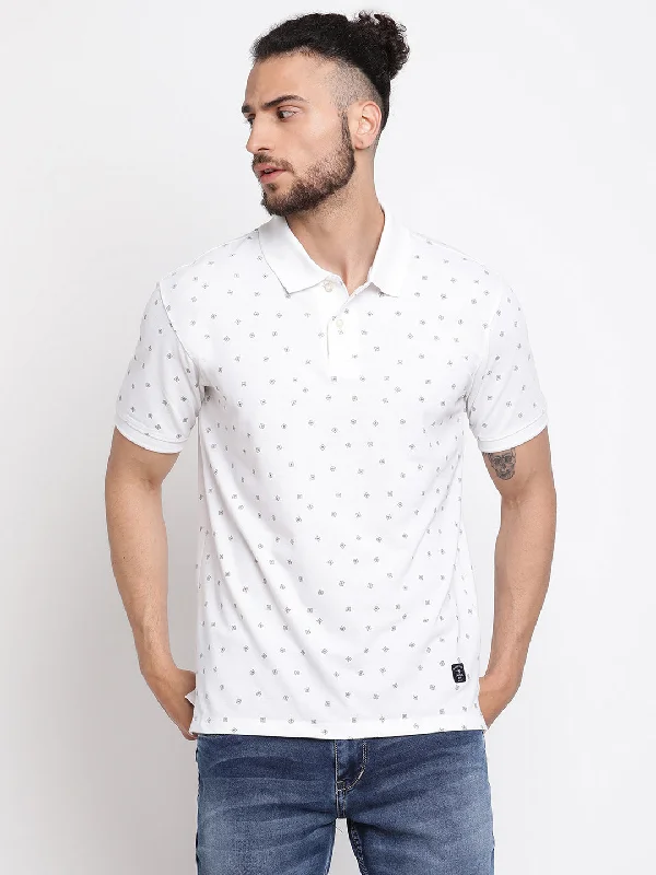 Men's White All over print Polo neck Half Sleeve T-Shirt