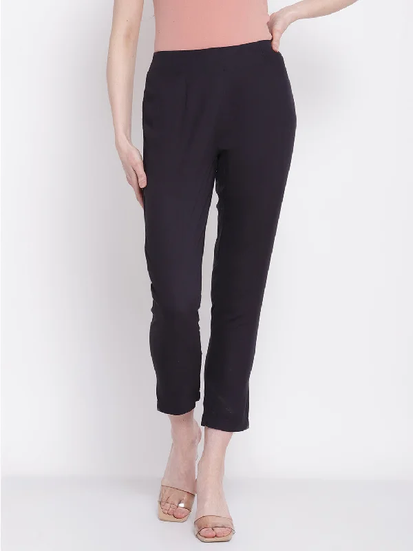 Women's Regular Slim Fit Navy Blue Flat Front Mid rise Ethnic Pant