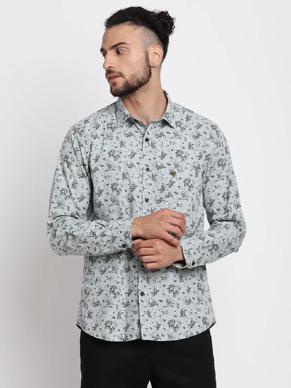 Men's Light Grey Casual Floral Print Full Sleeve Shirt