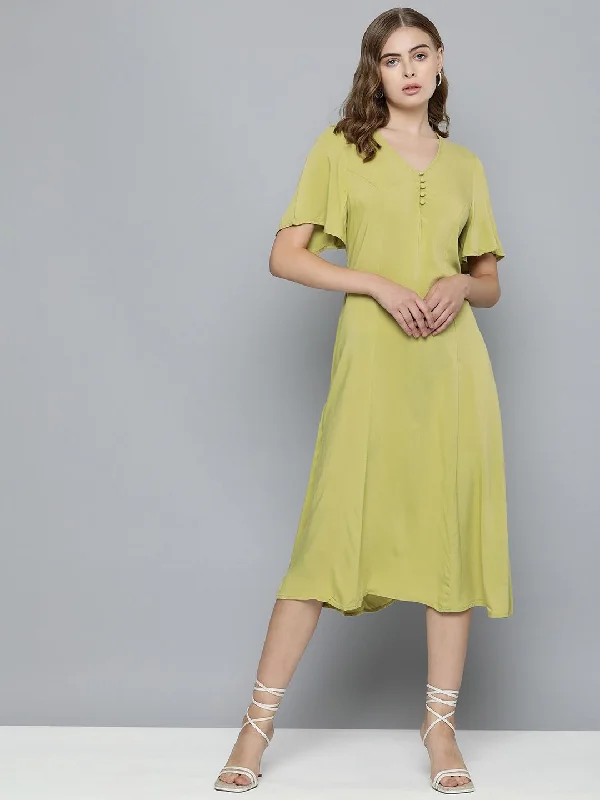 Women's Solid Green V Neck Dresses