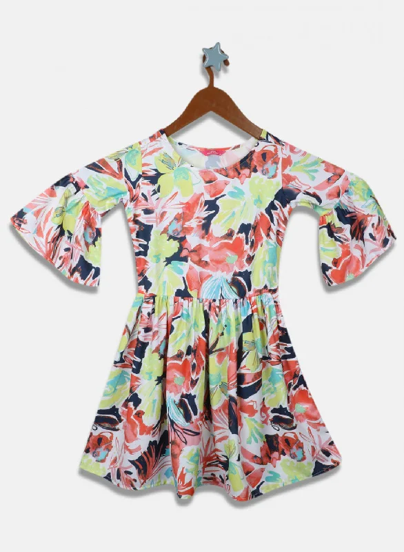 Girls Orange Printed Dress