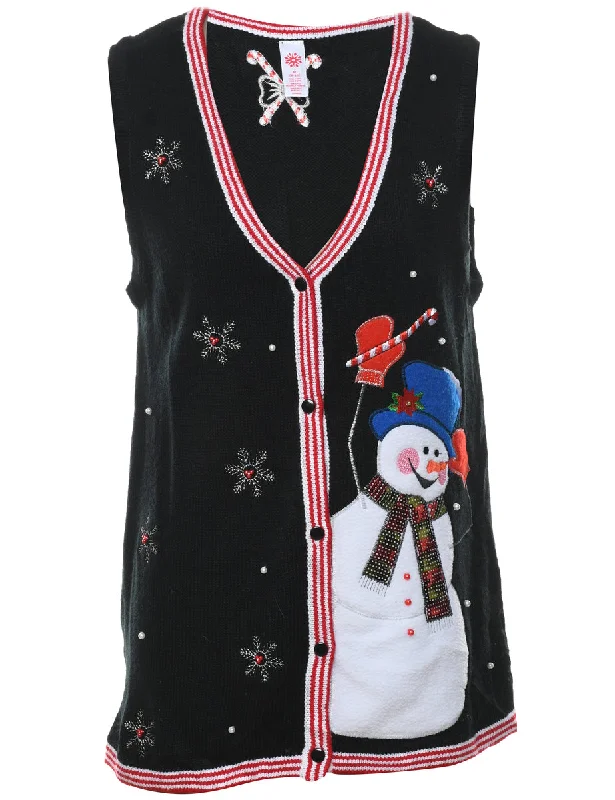 Snowman Design Black Appliqued Christmas Vest - M