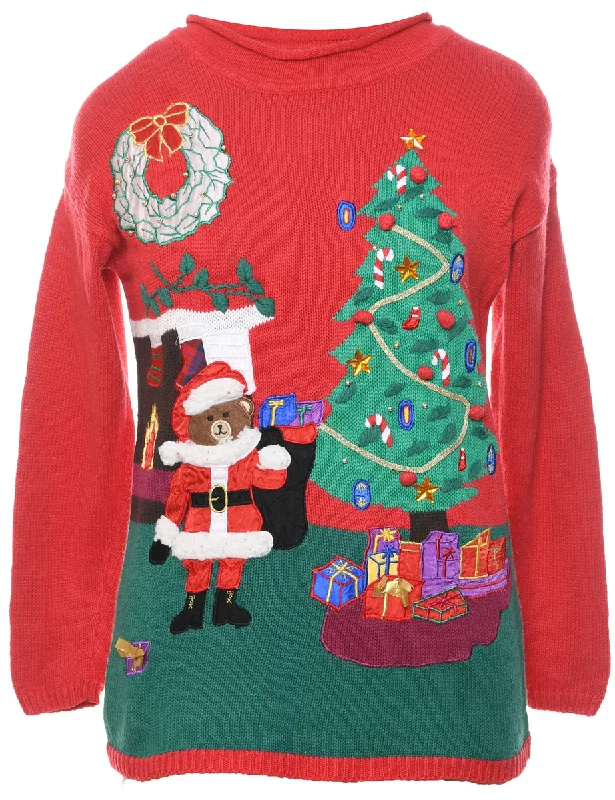 Teddy Bear Print Christmas Jumper - M