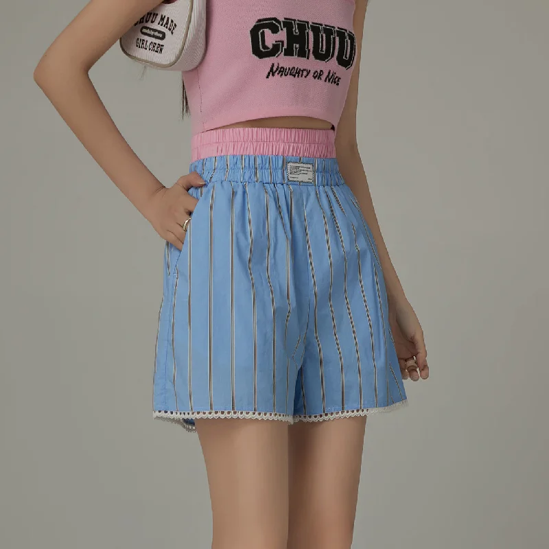 Lace Hem Striped Casual Shorts