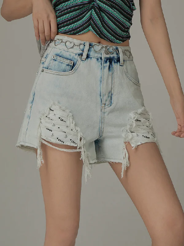 Exposed Logo Pocket Liner Distressed Denim Shorts