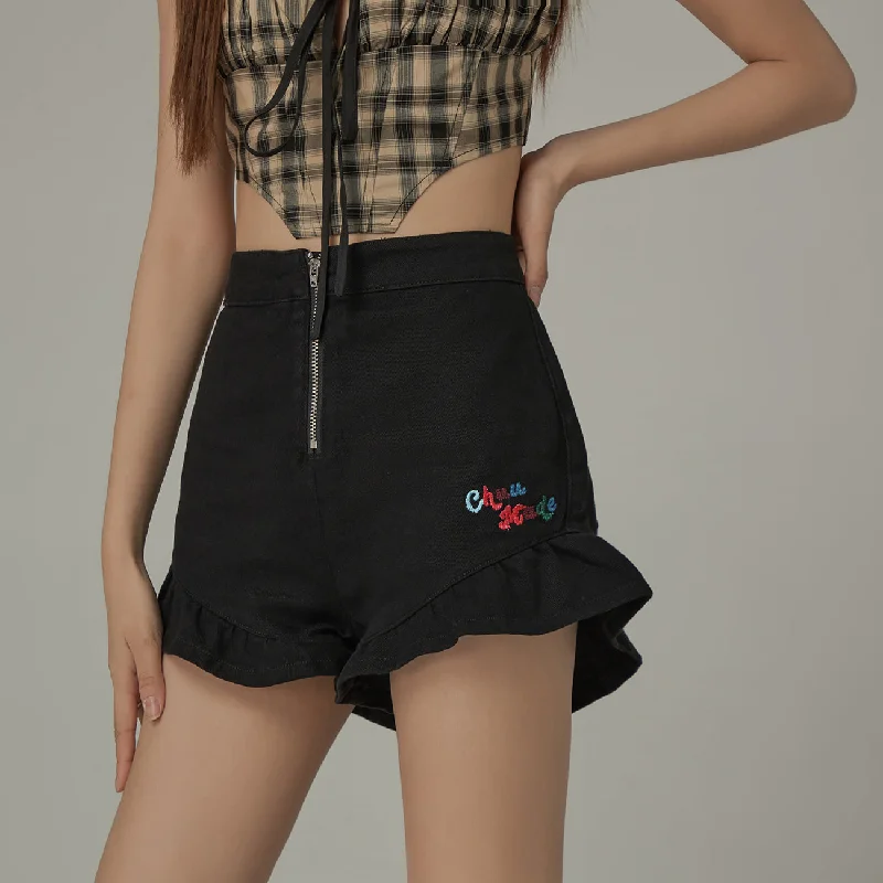 Ruffled Embroidered Letter Zipper Denim Shorts