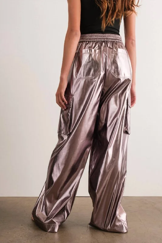 Mabel Wide-Leg Metallic Cargo Pants In Silver