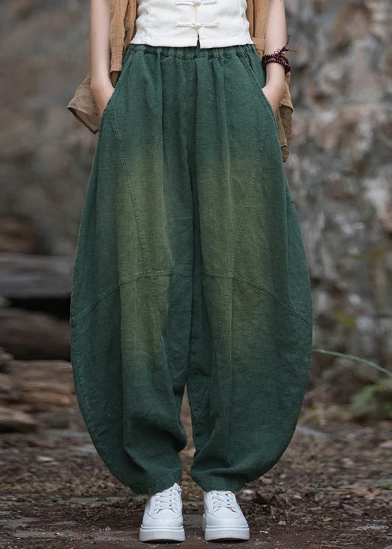 New Casual Green Pockets Patchwork Linen Lantern Pants Fall