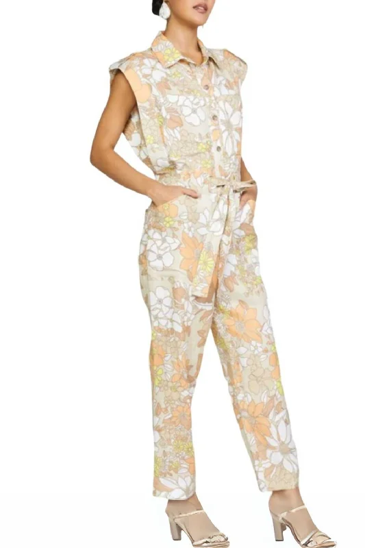 Sleeveless Utility Button Down Jumpsuit In Floral Sand