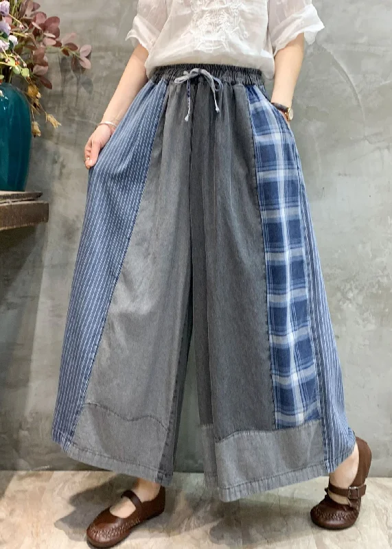 Vintage Grey Pockets Patchwork Denim Wide Leg Pants Fall